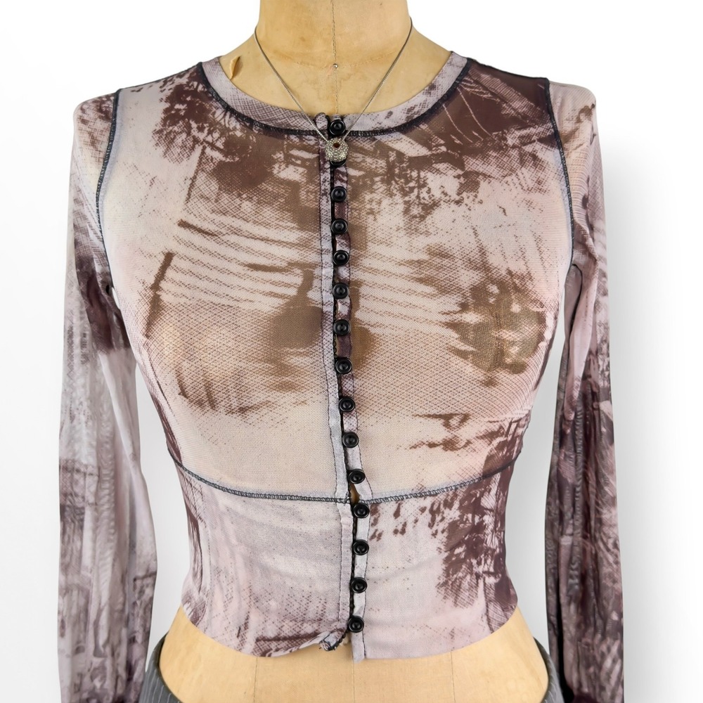 Y2K Mesh Sheer Top Button Up Cropped Slim Fit Grunge Cyber Goth Size XS - Picture 2 of 8